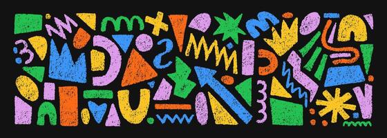 Hand drawn set of colorful crayon abstract shapes. collection of contemporary texture figure in doodle style. Design elements perfect for banner, print, stickers, decor vector