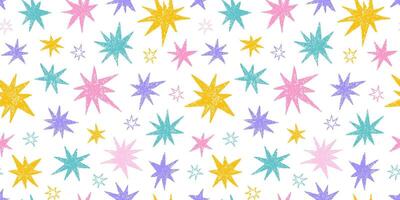 Crayon hand drawn doodle colorful stars seamless pattern. Childish pencil drawing cosmic sparks and sparkles. texture background vector