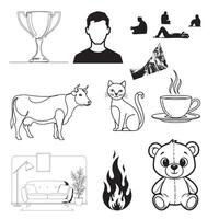 Collection of simple black and white illustrations depicting various everyday objects and concepts vector