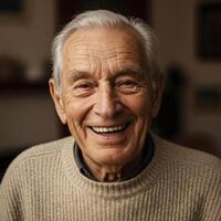 An older man is smiling in a sweater photo