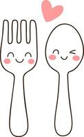 Cute fork and spoon characters with smiling faces and heart above them, perfect for kitchen vector