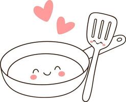 Cute frying pan with smiling face and spatula, surrounded by hearts, expressing joy in cooking vector