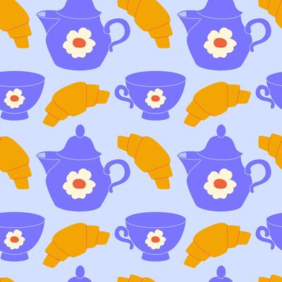 Party with croissant seamless pattern on light background