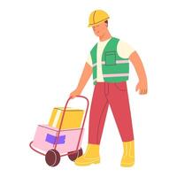 Man is a loader, a labourer carrying boxes in a trolley vector