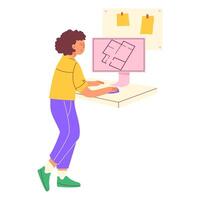 The girl designer makes a plan, design project of the flat on the computer vector