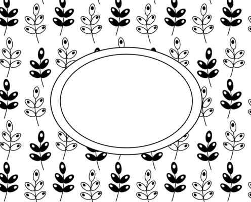 Ornament leafy branches oval frame template. graphic line illustration. Black and white Trendy print on fabric. Fresh plant sprouting stems background template. Forest ornament.