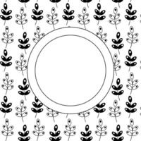 Ornament leafy branches Circle round frame template. graphic line illustration. Black and white Trendy print on fabric. Fresh plant sprouting stems background template. Forest ornament. vector