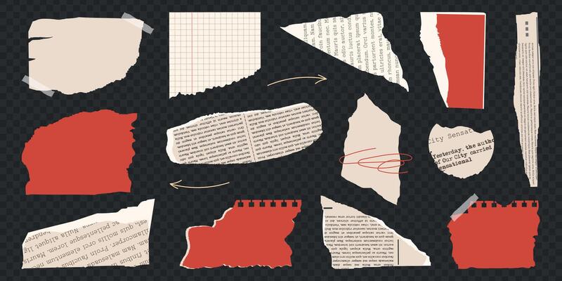 Colored Rip torn paper set. Trendy retro vintage newspaper set, elements for sticker, grunge texture, notebook sheet, collage, poster. Old gazettes piece collection. Isolated illustrat