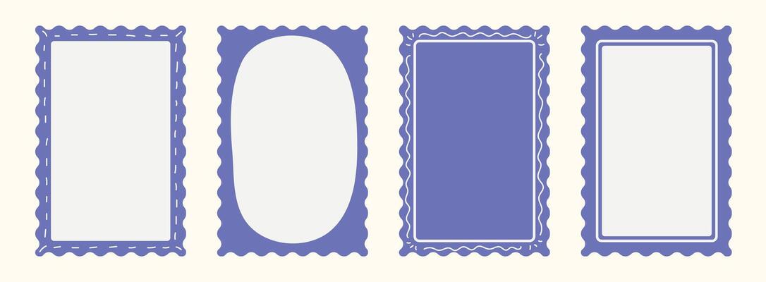 Whimsical hand drawn Italian postcard stamp set, borders. Vintage Italy summer frames in doodle style. Coastal minimalist mediterranean blue elements for menu, wedding, invitation. Isolated ill