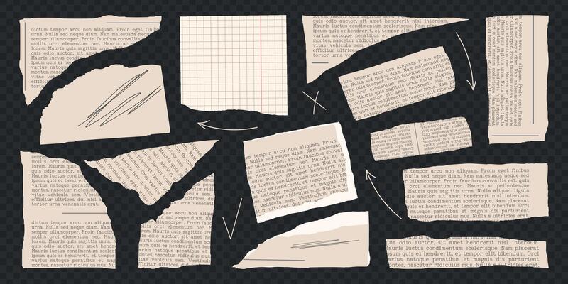 Retro vintage newspaper set, notebook sheet, colored elements for sticker, grunge texture, collage, poster. Old gazettes piece collection. Rip torn paper set. Isolated illustration