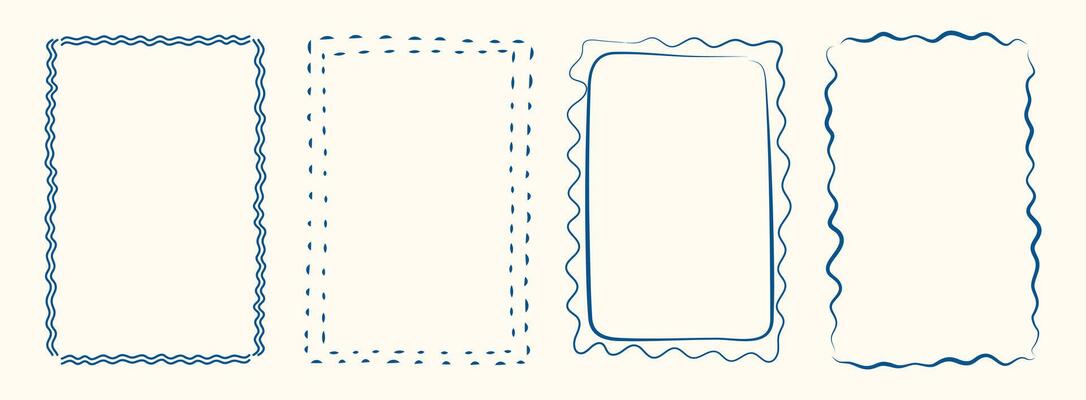Italian postcard stamp set. Vintage Italy summer doodle frames. Minimal blue border set, mediterranean elements for menu, wedding, prints, invitation. Whimsical coastal Isolated illustration