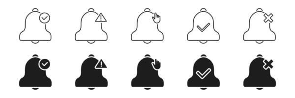 Notification Bell Icon Set. Alert, Reminder, And Interaction Symbols In Outline And Solid Styles. Includes Check, Warning, Click, And Dismiss Indicators. Isolated Illustration vector