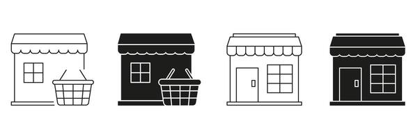 Small Retail Storefront And Shopping Basket Line And Solid Icon Set. Local Business, E-Commerce, Retail Shopping Symbol Collection. Storefront Design And Market Presence. Isolated Illustration vector