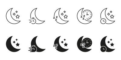 Crescent Moon And Clock Line And Solid Icon Set. Sleep Cycle, Nighttime, And Restful Sleep Tracking Silhouette Symbol Collection. Nocturnal Routine And Sleep Monitoring. Isolated Illustration vector