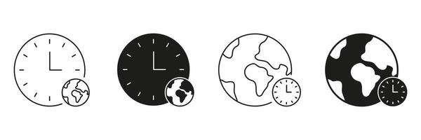 Clock And Globe Line And Solid Icon Set. Global Time Zones And World Clock Symbol Collection. International Timekeeping And Scheduling. Isolated Illustration vector