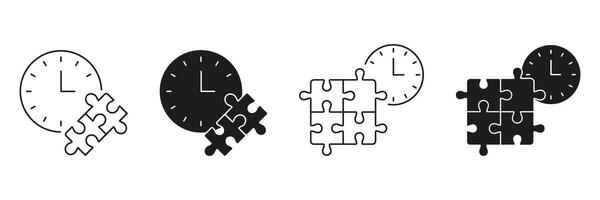 Clock And Puzzle Piece Line And Solid Icon Set. Time Management, Problem Solving, Strategic Planning Silhouette Symbol Collection. Concept Of Efficiency And Organization. Isolated Illustration vector
