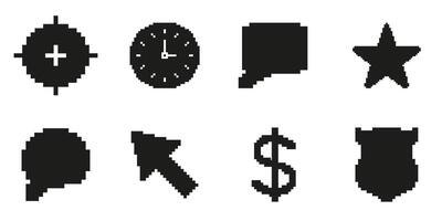 Pixel Art Icon Set Featuring Target, Clock, Speech Bubble, Star, Cursor, Dollar Sign, And Shield. Symbol Collection For Navigation, Communication, Finance, Security. Isolated Illustration vector
