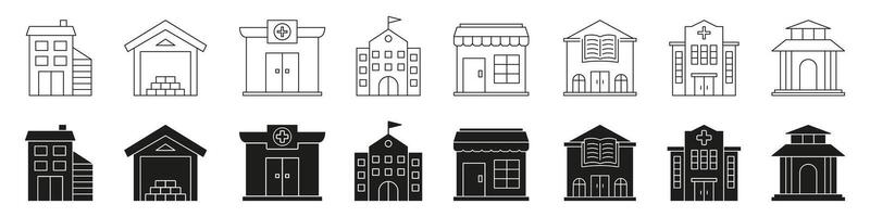 Various Building Types Line And Solid Icon Set. Residential, Commercial, Educational, And Healthcare Facility Symbol Collection. Architecture And Infrastructure Design. Isolated Illustration vector