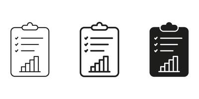 Clipboard With Checklist And Bar Graph Line And Solid Icon Set. Task Management, Progress Tracking, Performance Analysis Symbols. Business And Productivity Tools. Isolated Illustration vector