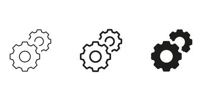 Three Interlocking Gears Line And Solid Icon Set. Mechanical Engineering, Process Optimization, Industrial Automation Symbol Collection. Machinery And Technology Sign. Isolated Illustration vector