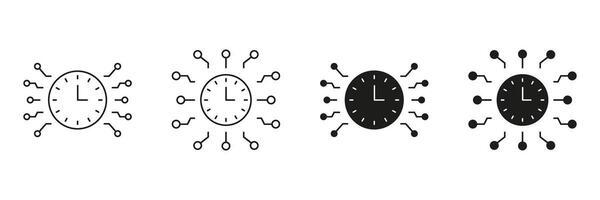 Clock With Circuit Lines Line And Solid Icon Set. Time Management And Digital Connectivity Symbol Collection. Technology And Efficiency Representation. Isolated Illustration vector