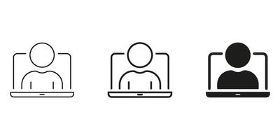 Person On Laptop Screen Line And Solid Icon Set. Virtual Meeting, Online Communication, And Remote Work Silhouette Symbol Collection. Digital Interaction. Isolated Illustration vector