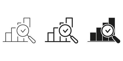 Bar Chart With Magnifying Glass And Checkmark Line And Solid Icon Set. Data Analysis, Performance. Business Insight Symbol Collection. Financial Growth And Success. Isolated Illustration vector