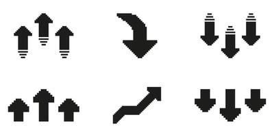 Pixel Art Arrow Icon Set. Directional Navigation And Trend Indicators. Upward, Downward, And Curved Arrows For Movement And Progress Representation. Isolated Illustration vector