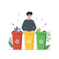 Recycling Waste Sorting Illustration Man Separating Trash into Red Yellow and Green Bins vector