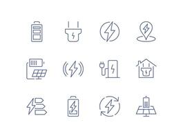 Set of electric charging related icons, energy and power symbols, including battery level, wireless charging, plug socket, electric car, energy efficiency and linear variety vectors. vector