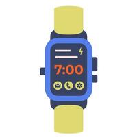 Trendy Smart watch icon isolated. Electronic gadget. Fashion Hand watch with Colour strap and Square watch screen. Smart watch top view. Digital watch with App icons. vector