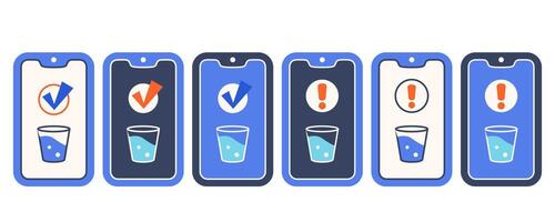 Drink water. Mobile phones with digital alert to drink water. Smartphone screen with hydration reminder and glass icon. Check mark and pointer dot. Exclamation mark, approval badge. vector