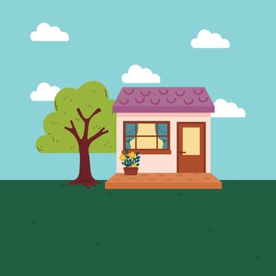 cute drawing cartoon house with tree and grass. cute building cartoon for card, wallpaper and background