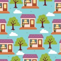 seamless pattern cartoon house and tree. cute building pattern for wallpaper, background and gift wrap paper vector