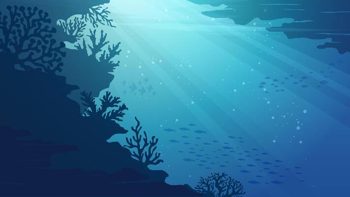 Ocean Underwater Background - Deep the sea scenery illustration wallpaper with coral reef, fish and shinny blue water