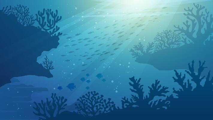 Ocean Underwater Background - Deep the sea scenery illustration banner with coral reef, fish and shinny blue water