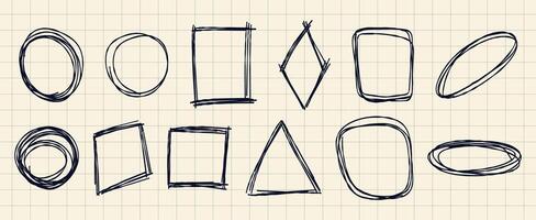 Set of hand drawn scribble frames in various geometric shapes on a grid background. Perfect for creative design, sketch elements, abstract compositions, doodle art, branding, and social media. vector