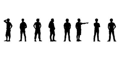 Silhouetted Male Figures In Various Poses Icon Set. Casual Standing And Gesturing Solid Symbol Collection. Body Language And Posture Reference For Design And Animation. Isolated Illustration vector