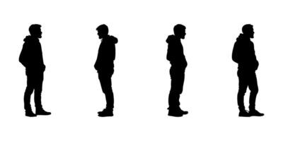 Silhouetted Men In Side View Solid Icon Set. Casual Standing Poses Symbol Collection. Fashion And Posture Reference For Designers And Educators. Isolated Illustration vector