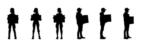 Silhouetted Delivery Workers Holding Boxes Icon Set. Logistics And Parcel Handling Symbol Collection. E-Commerce And Shipping Industry Visuals. Isolated Illustration vector