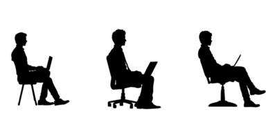Seated Men With Laptops Silhouette Icon Set. Office Work And Remote Working Posture Symbol Collection. Business And Technology Visuals. Isolated Illustration vector