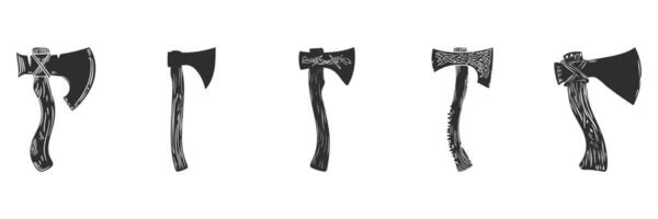 Viking Axes Silhouette Set. Traditional Nordic Weaponry And Design Elements Isolated Illustration Collection vector