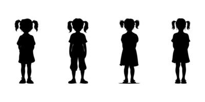 Silhouette Icon Set Of Standing Children With Pigtails. Child Posture And Growth Observation Symbol Collection. Educational And Parenting Visuals. Isolated Illustration vector