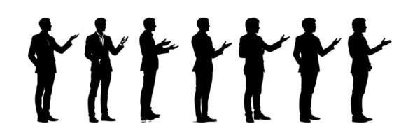 Business Professionals In Discussion Silhouette Icon Set. Communication And Presentation Solid Symbol Collection. Corporate And Teamwork Visuals. Isolated Illustration vector