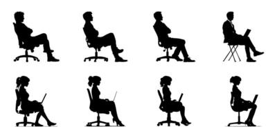 Seated Professionals With Laptops Silhouette Icon Set. Office Work And Business Posture Symbol Collection. Corporate And Workplace Design Elements. Isolated Illustration vector