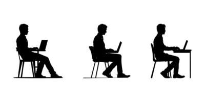 Seated Men Working On Laptops Silhouette Icon Set. Office Work And Ergonomic Posture Symbol Collection. Business And Workplace Design. Isolated Illustration vector