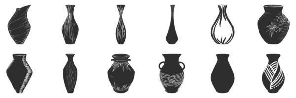 Decorative Vase Silhouette Set. Artistic Pottery Designs And Patterns For Home Decor. Isolated Illustration Collection vector