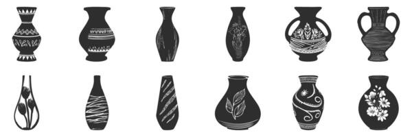 Decorative Vase Silhouette Set. Artistic Pottery Designs With Floral And Geometric Patterns vector