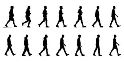 Walking Men Silhouette Icon Set. Dynamic Motion And Posture Reference Solid Symbol Collection. Isolated Illustration vector