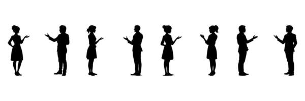 Silhouetted Business People In Conversation Icon Set. Professional Interaction And Communication Symbol Collection. Corporate And Teamwork Visuals. Isolated Illustration vector